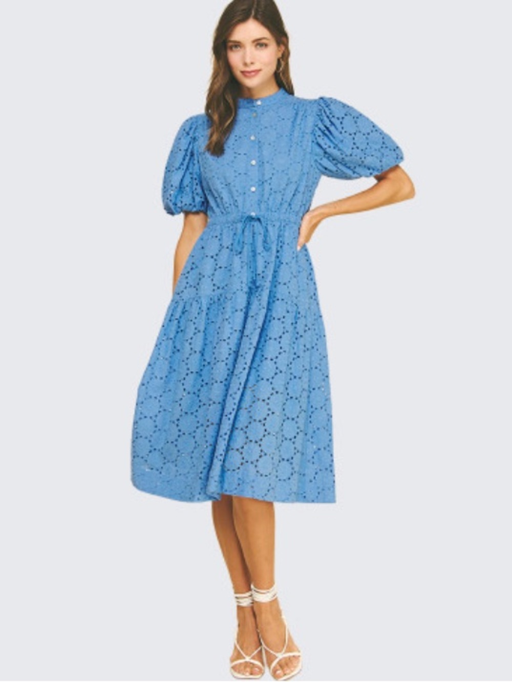 Pinch NWT Blue Eyelet Midi Dress with Puff Sleeves